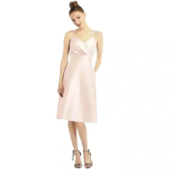 NWT ALFRED SUNG D777 Satin Twill V Neck Cocktail Dress In Blush Pink Size 12 - Picture 2 of 14